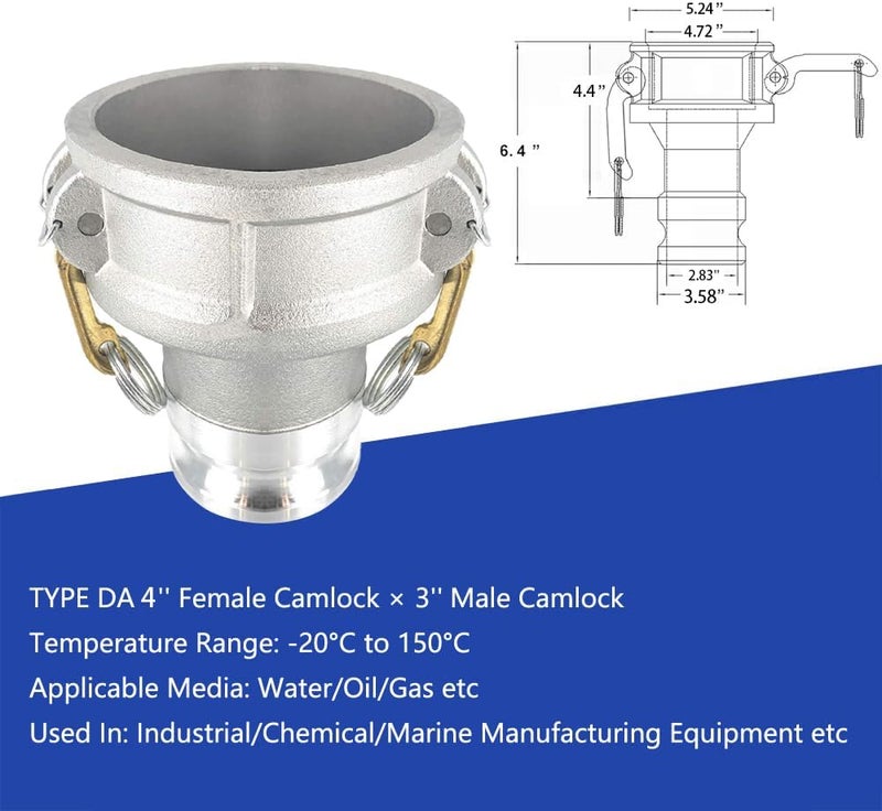 ISESLVNA Camlock Fitting Type DA, 4" Female Camlock x 3" Male Camlock, Reducer Adapter, Cam Groove Hose Fitting (Silver, 4" Female Camlock x 3" Male Camlock) - Image 3